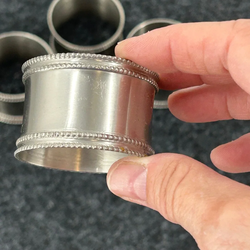 Silver Tone Beaded Rim Napkin Rings Set of 4 Vintage Style Table Decor